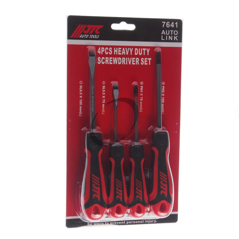 Набор отверток усиленных, 4 предмета SL5.5x75, SL6.5x100, PH1x75, PH2x100 (JTC-7641)