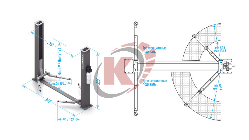 Подъемник двухстоечный 4т, с нижней синхронизацией 220В синий (N4120B-4B_3+2_220) Nordberg