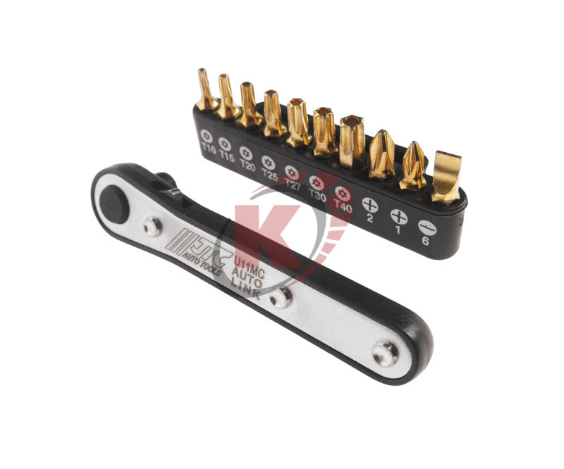 Набор бит 1/4" 25мм 11пр SL,PH,PZ,Torx на держ. с трещоткой (JTC-U11MC)