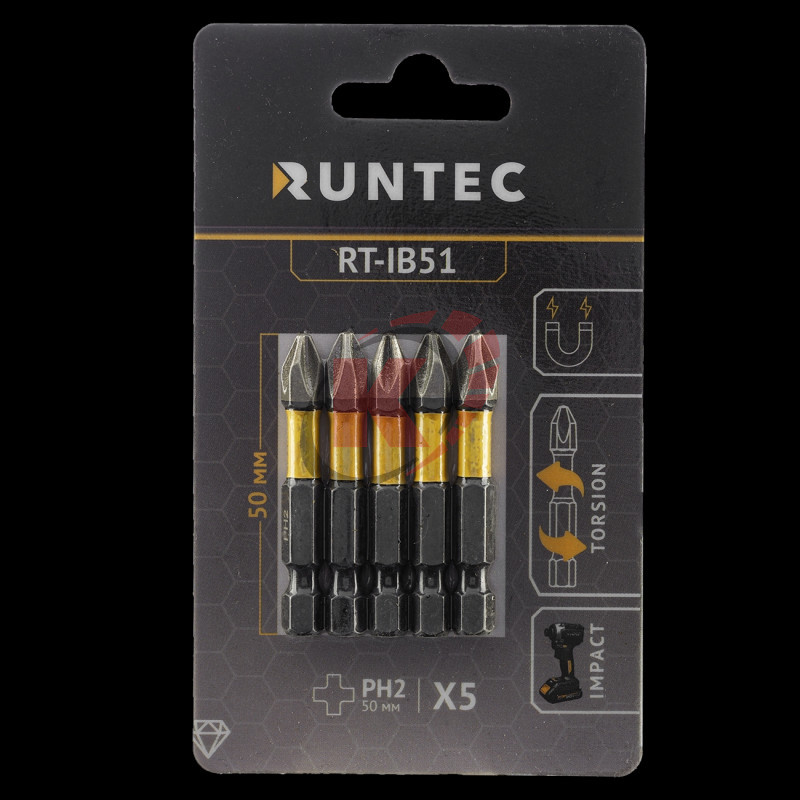 Бита PH2 L=50мм 1/4" ударная алмазное покрытие набор 5шт (RT-IB51) Runtec