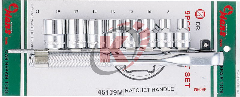 Набор торцевых головок 1/2" 9пр. с трещоткой 8-21мм на линейке (46139) Hans