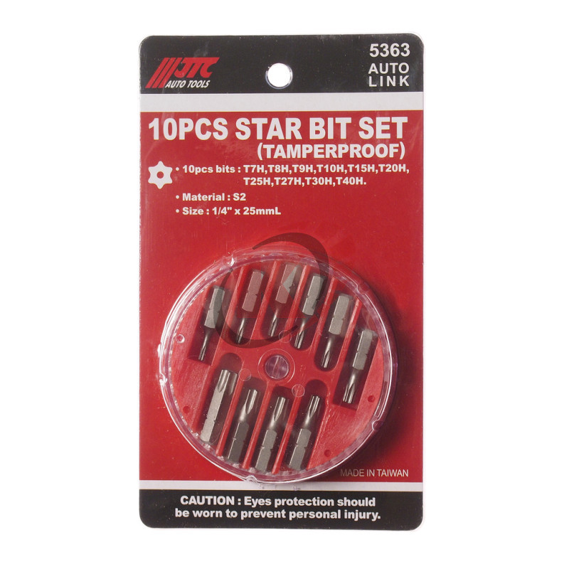 Набор бит 1/4" TORX с отверстием T7H-T40H 10 предметов в боксе (JTC-5363)