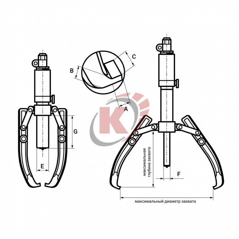 Съемник 3-х лапый гидравлический 50т СГ-50У со встроенным насосом (811505-50) Техрим