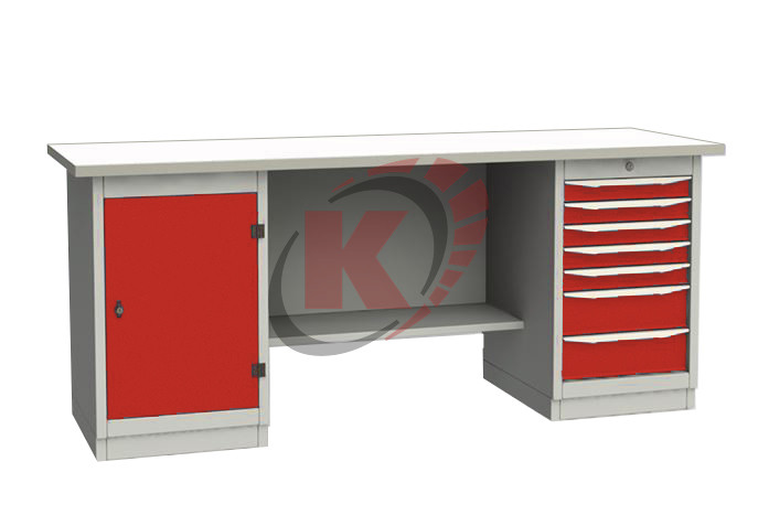 Верстак двухтумбовый с дв. и 7 ящ. оц.столеш. 2000 мм красный (004075-6) Garwin