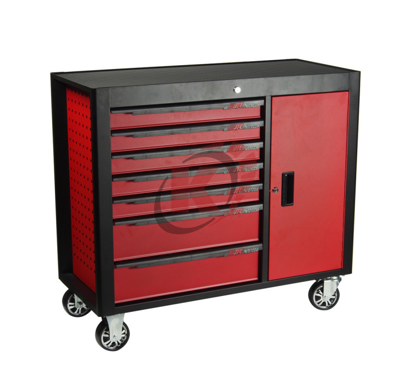 Тележка инструментальная 7 секций, красная на колесах с боковым ящиком (JTC-S1067)