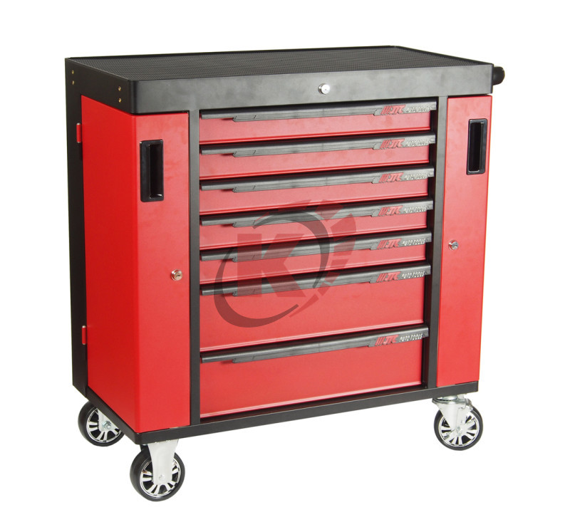 Тележка инструментальная 7 секций, красная на колесах с двумя боковыми ящиками (JTC-S1070)